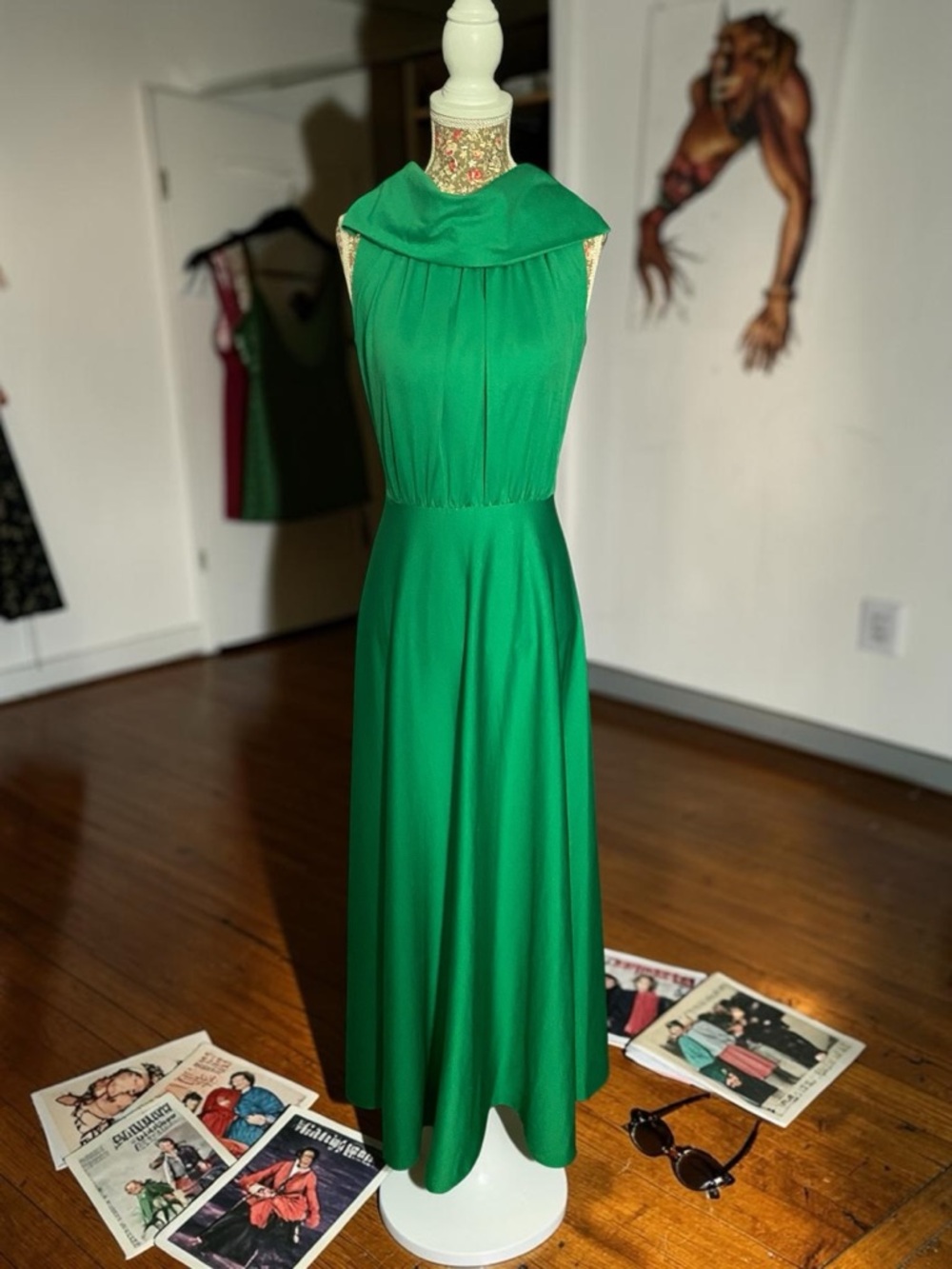 Dessy Collection Vibrant Green Draped Collar Maxi Dress